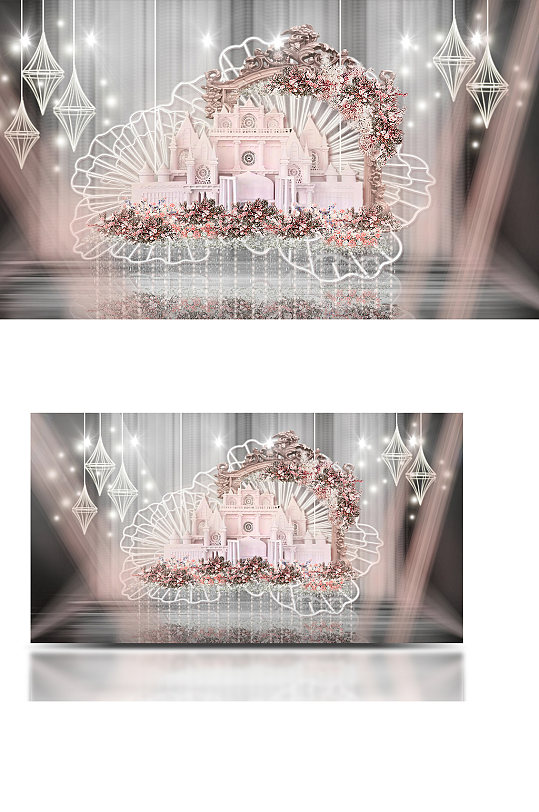 粉色花蕊城堡绽放相框菱形灯婚礼效果图-众图网