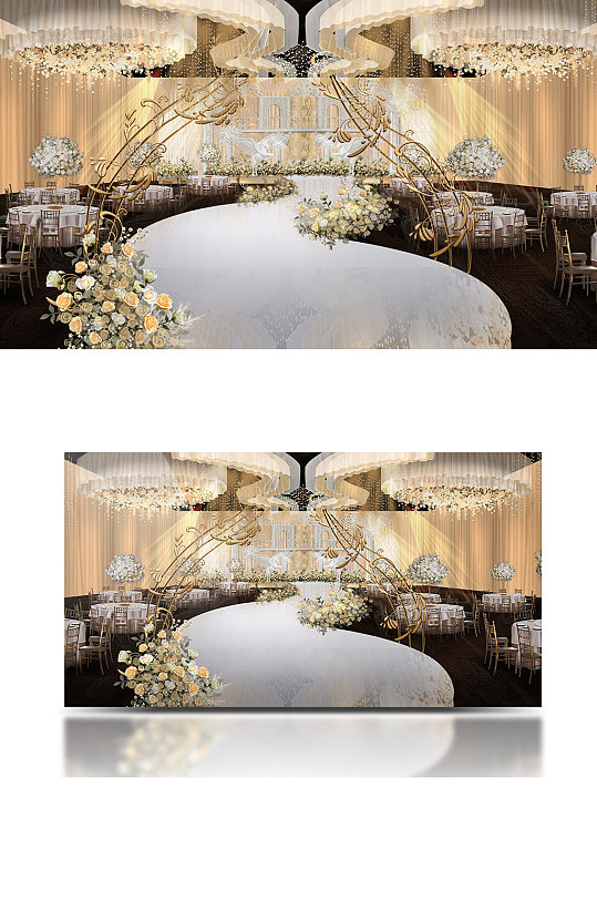 原创香槟色欧式室内婚礼效果图背景板舞台