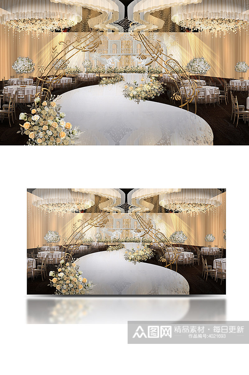 原创香槟色欧式室内婚礼效果图背景板舞台素材