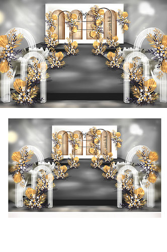 原创字体黑金白色撞色欧式拱门婚礼效果图