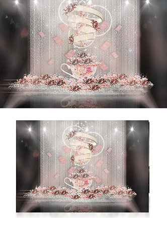 粉色英式茶香圆环装饰创意婚礼效果图背景板