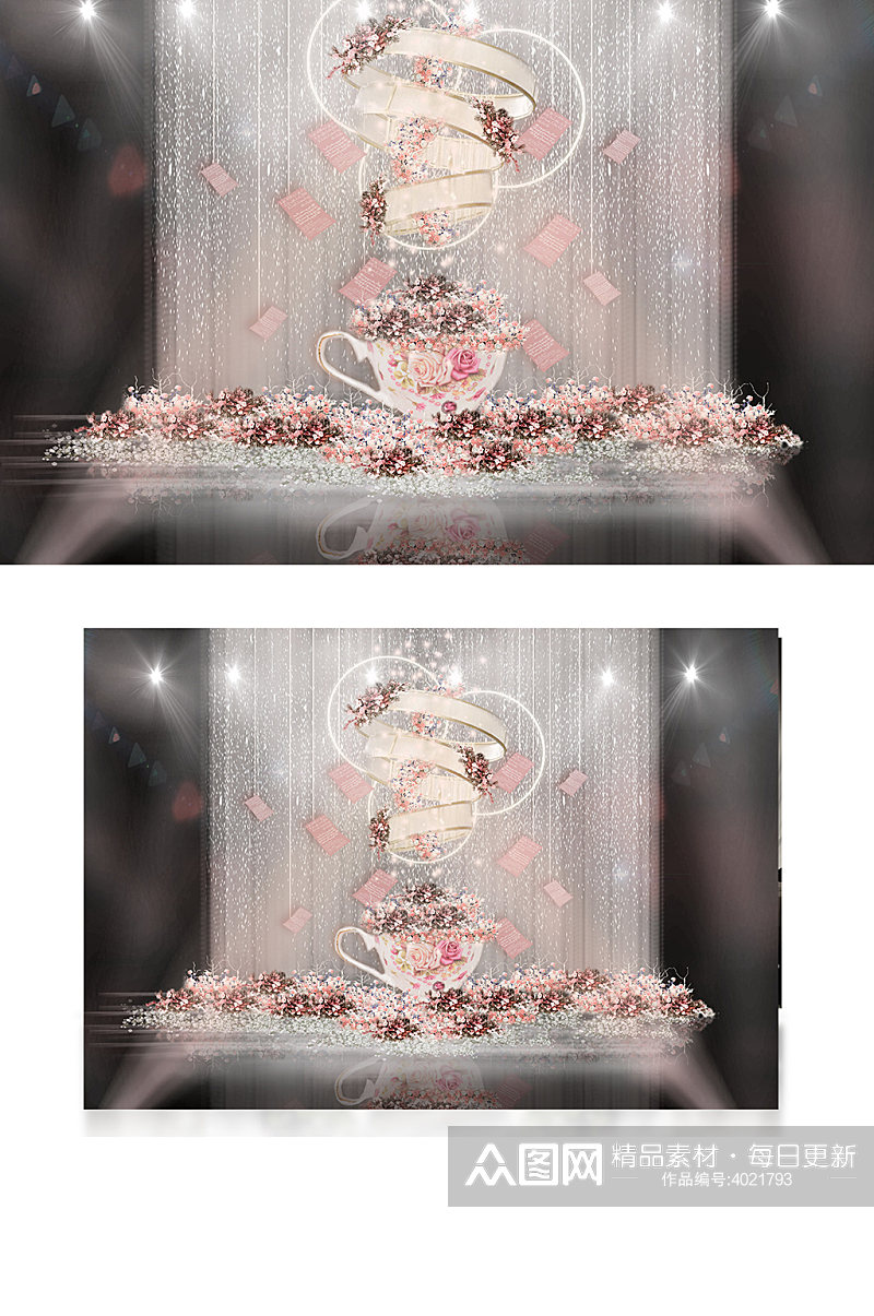 粉色英式茶香圆环装饰创意婚礼效果图背景板素材
