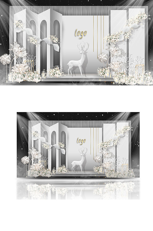 白色浪漫婚礼舞台迎宾效果图背景板合影区-众图网