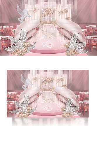 香槟粉色婚礼手绘图清新浪漫温馨舞台