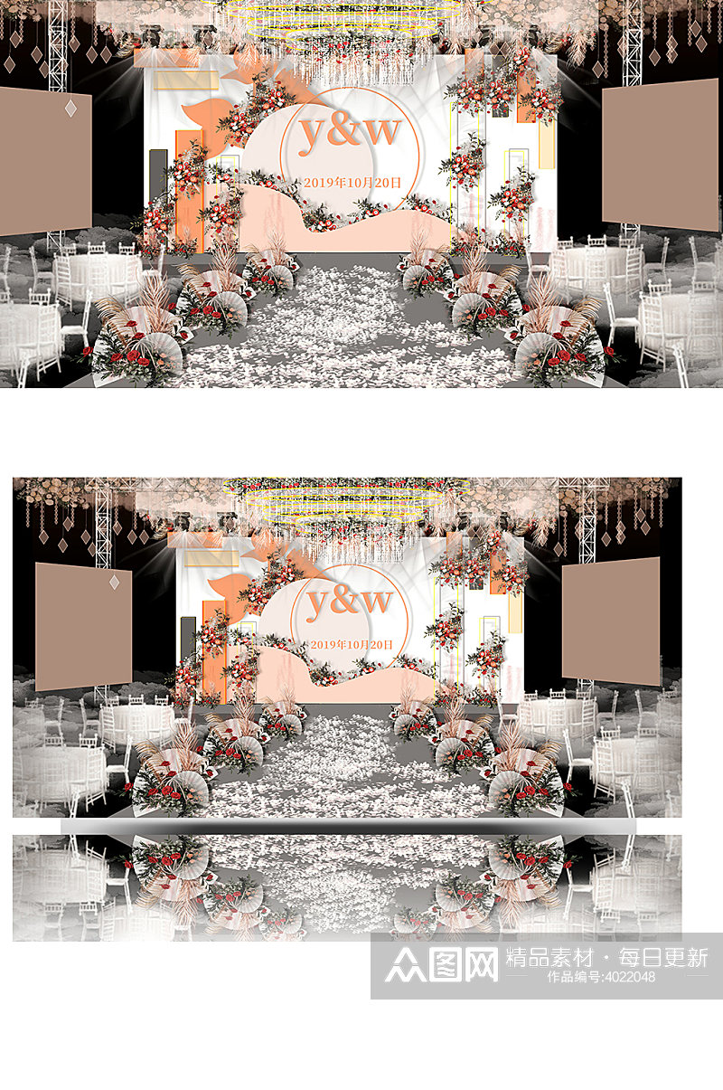 橘色婚礼效果图设计舞台浪漫清新素材