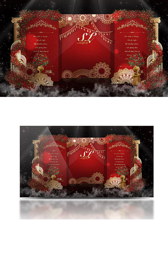 欧式红金梦幻婚礼效果图大气背景板浪漫温馨-众图网