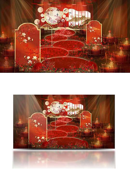 红色新中式婚礼效果图大气中国风温馨舞台