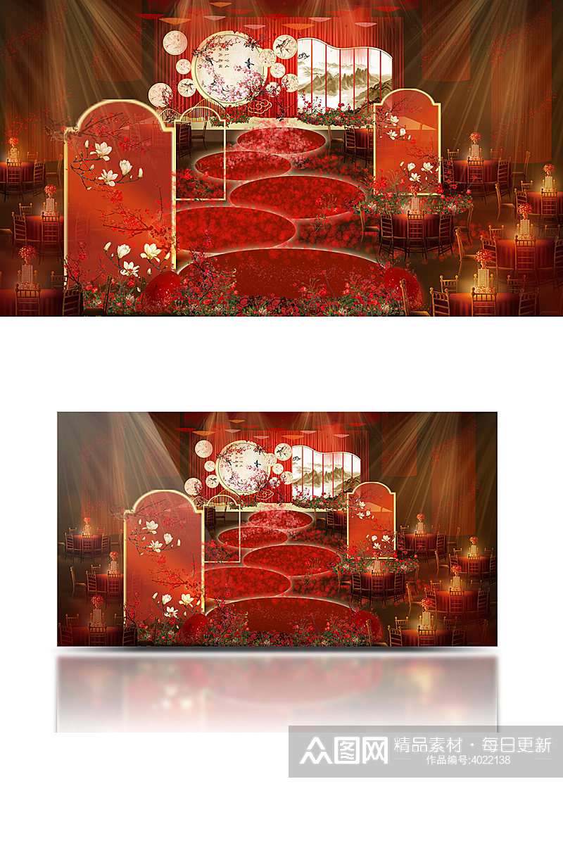 红色新中式婚礼效果图大气中国风温馨舞台素材