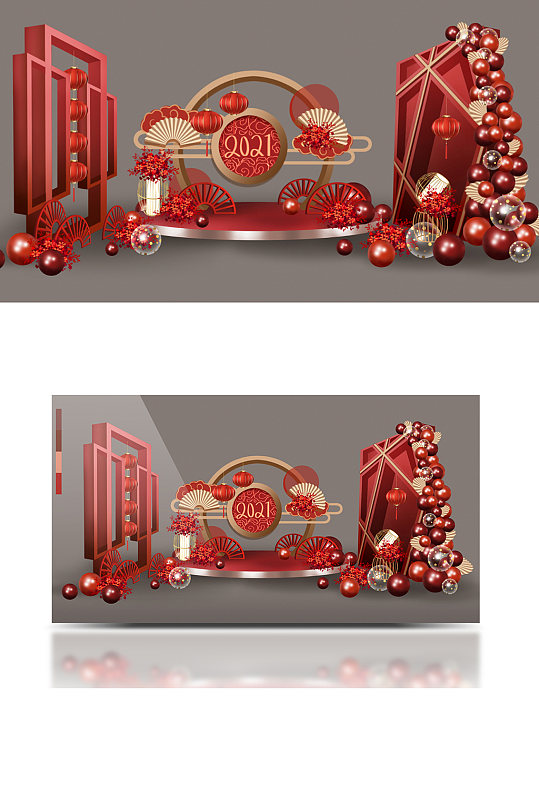 新中式婚礼元旦新年年会场景布置效果图红色