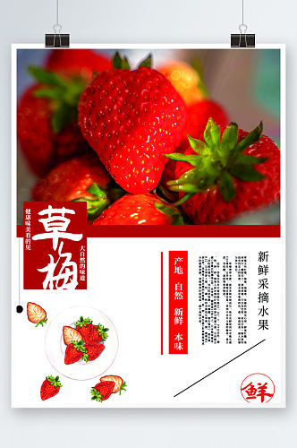 简约红色奶油草莓海报水果鲜果上市