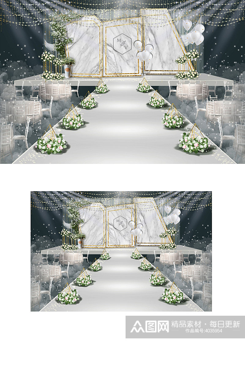 小预算白绿大理石风婚礼仪式区手绘效果图素材