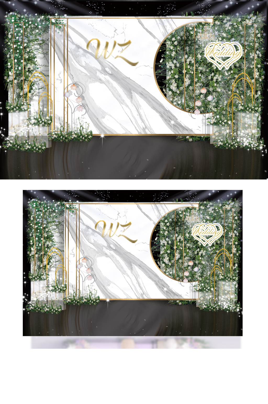 白绿色小清新大理石元素婚礼效果图背景板素材