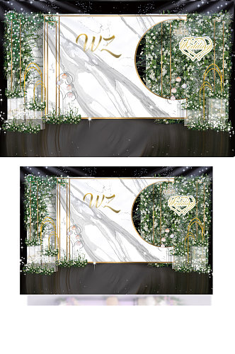 白绿色小清新大理石元素婚礼效果图背景板
