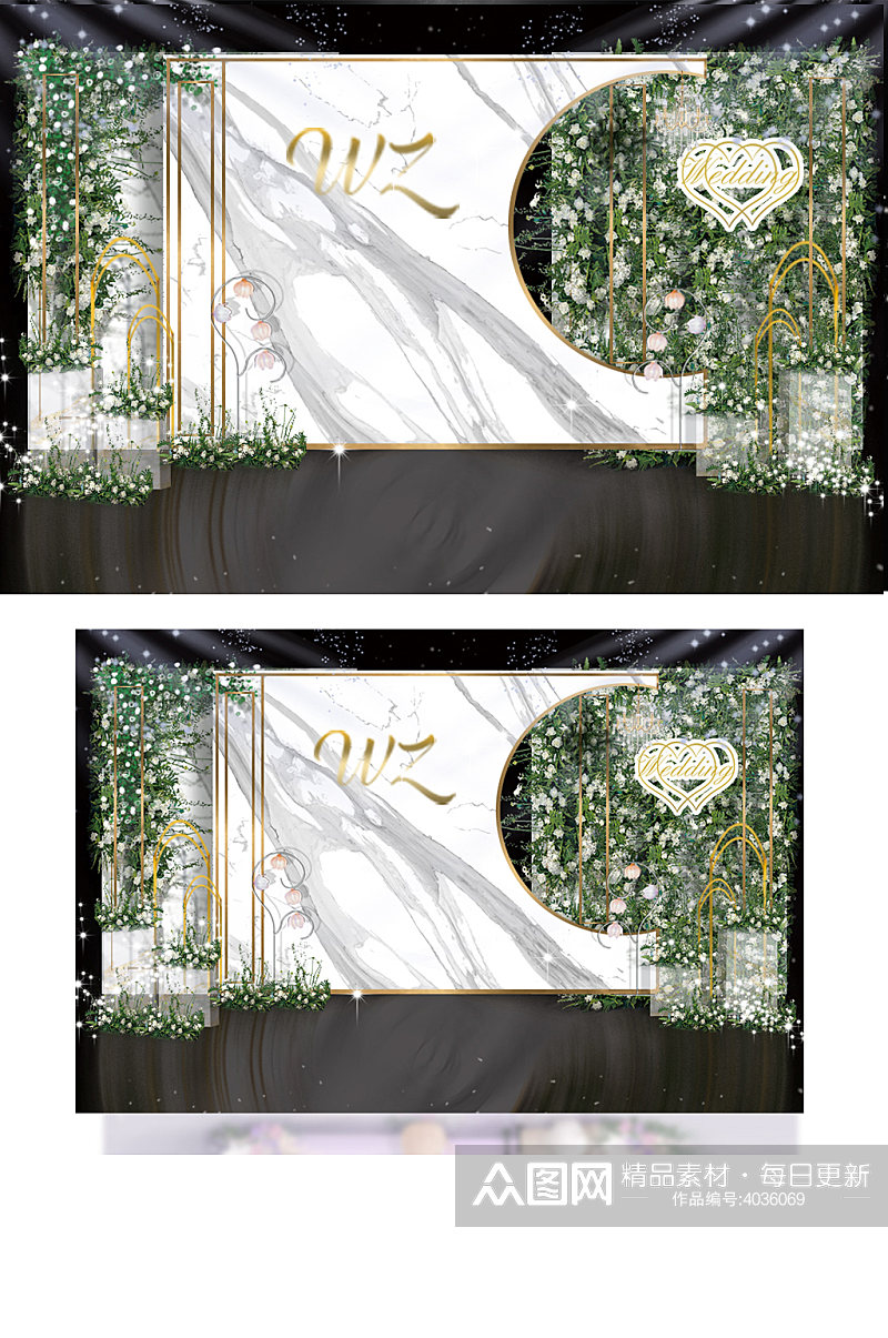 白绿色小清新大理石元素婚礼效果图背景板素材