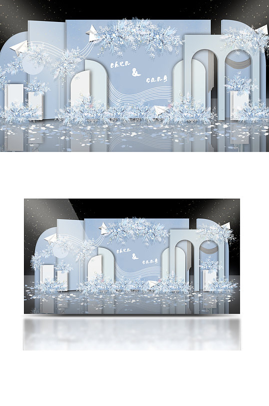 婚礼手绘效果图冰蓝色白色背景板浪漫温馨-众图网