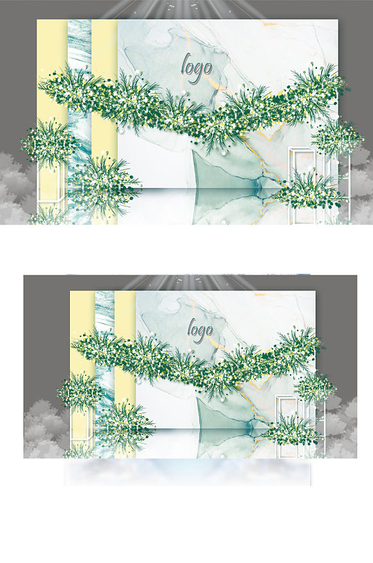 大理石纹理婚礼迎宾区效果图白绿背景板-众图网