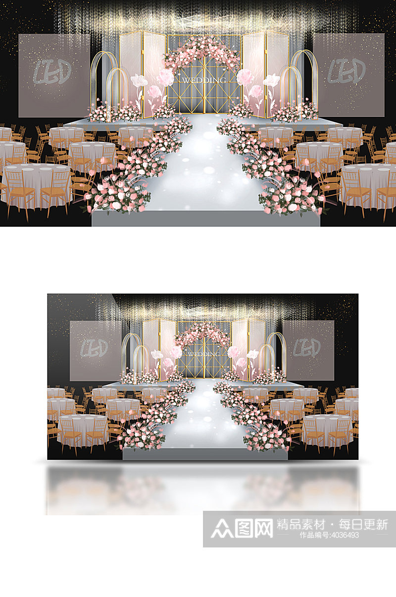 粉金色婚礼效果图舞台效果图浪漫温馨清新素材