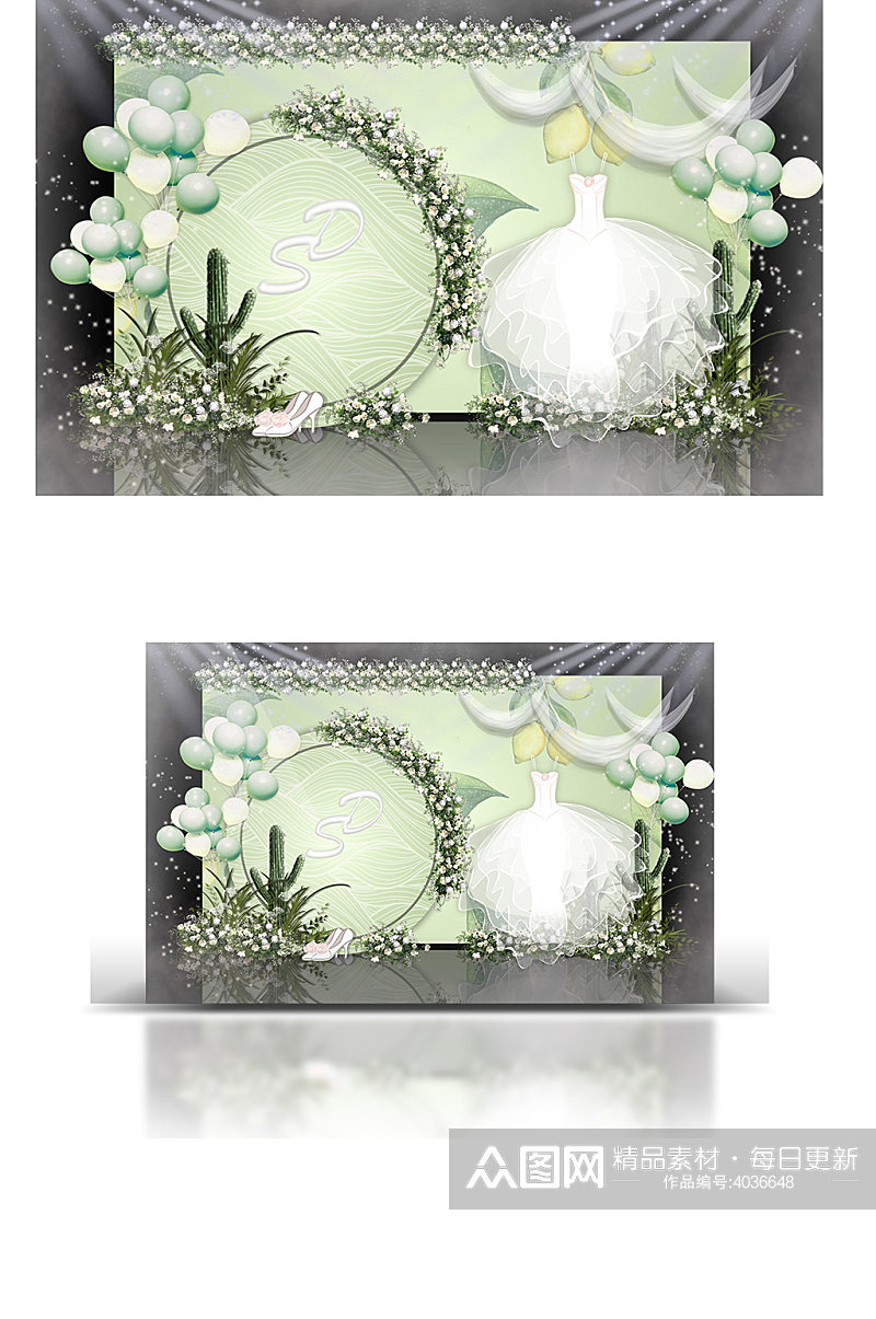 薄荷绿柠檬主题婚礼效果图清新背景板合影区素材