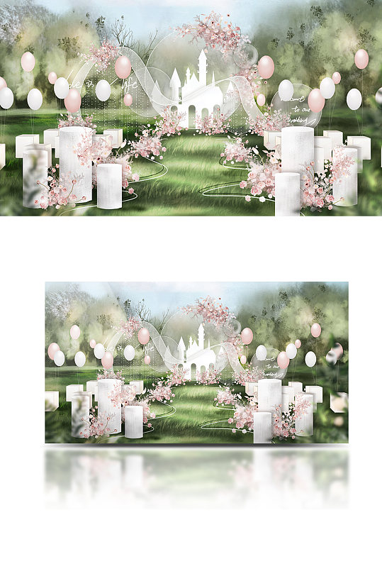 白粉色浪漫透明感户外气球婚礼效果图合影区-众图网