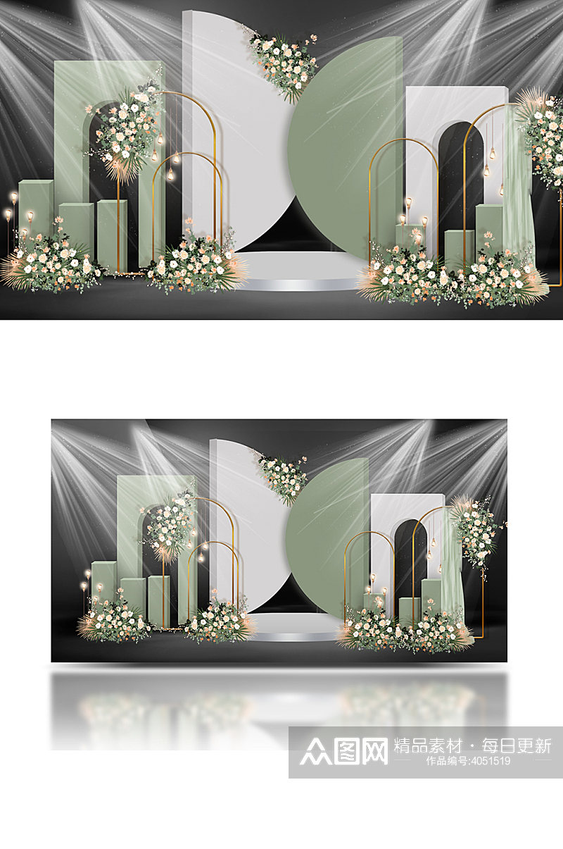 牛油果绿婚礼效果图设计浪漫背景板合影区素材