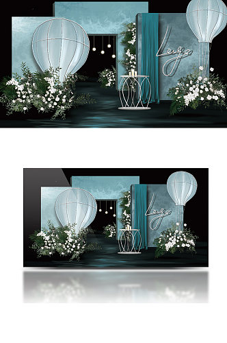 漂浮热气球森系婚礼效果图浪漫温馨背景板