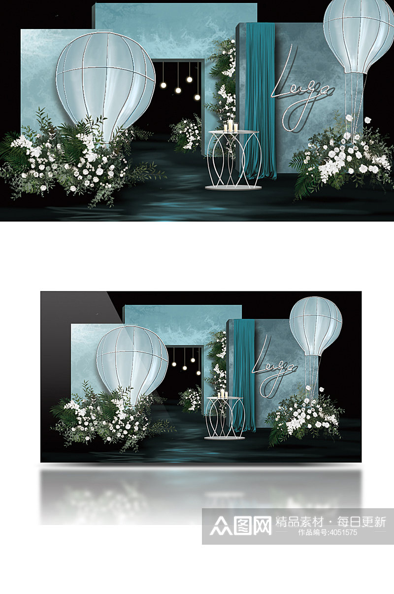 漂浮热气球森系婚礼效果图浪漫温馨背景板素材