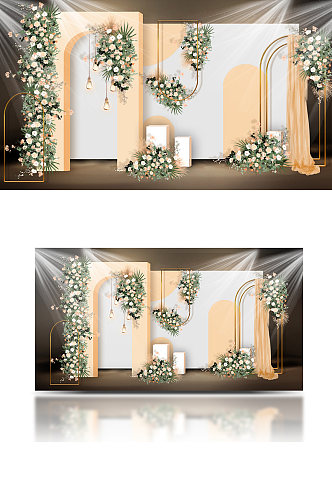 香槟白绿婚礼效果图背景板浪漫温馨迎宾