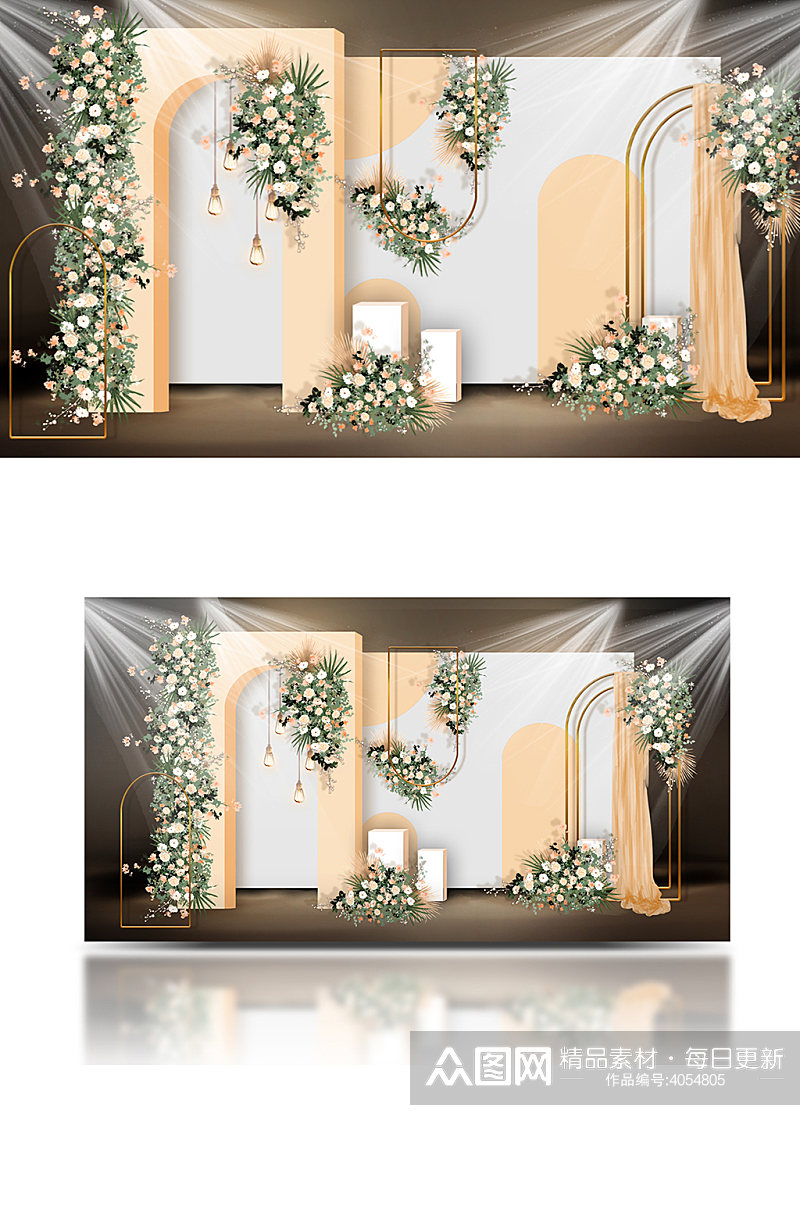 香槟白绿婚礼效果图背景板浪漫温馨迎宾素材