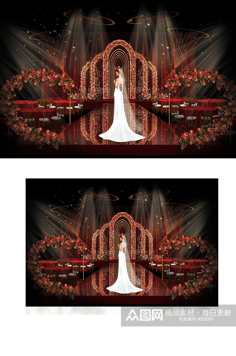 欧式红金色婚礼设计大气轻奢梦幻舞台素材