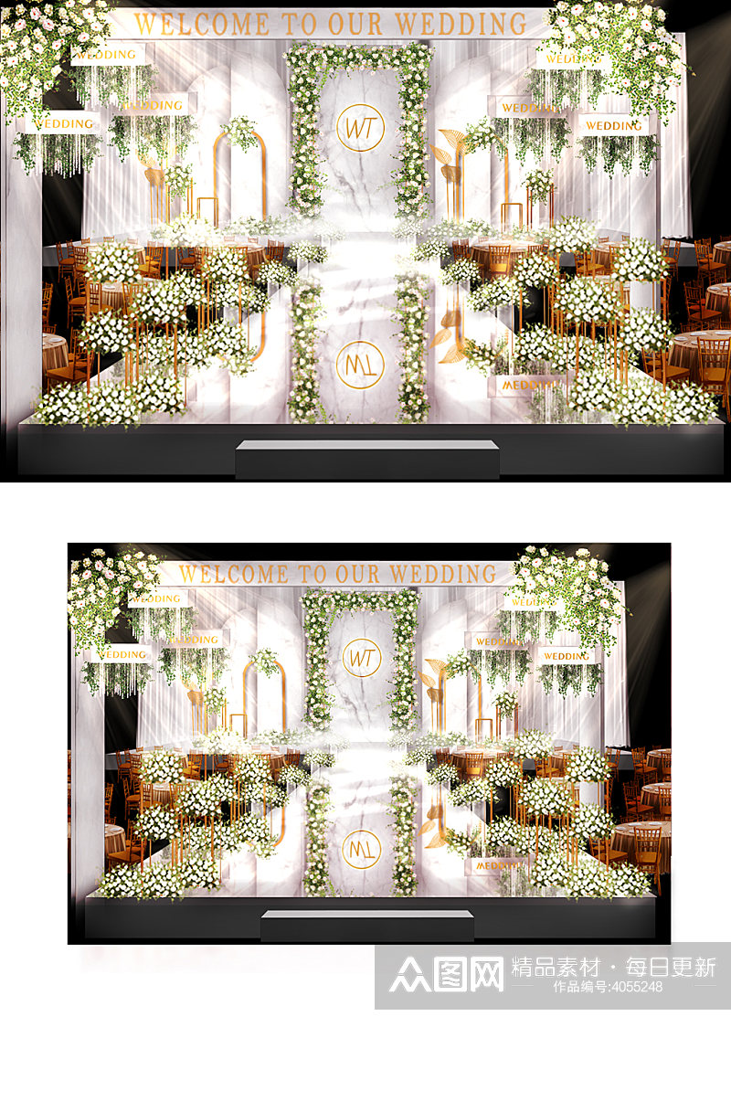 白绿色婚礼设计效果图梦幻浪漫清新舞台素材