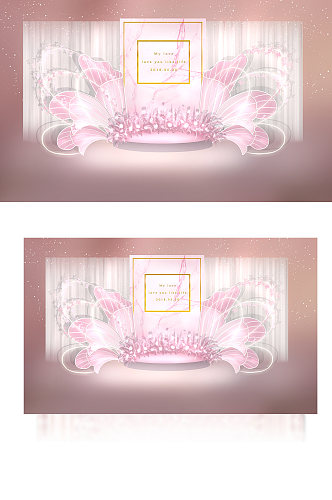 粉色蝴蝶婚礼效果图迎宾区梦幻清新背景板
