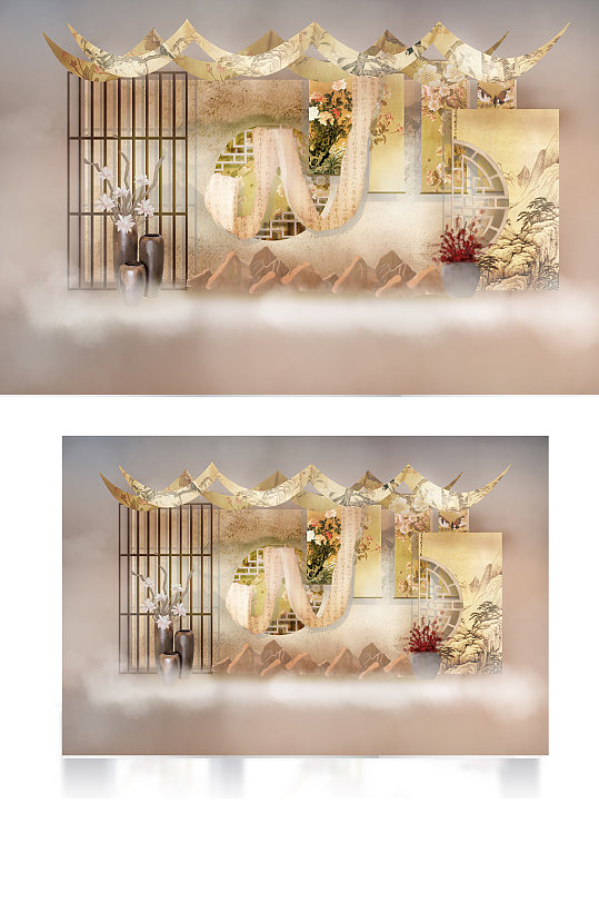 新中式婚礼效果图迎宾区浪漫香槟色背景板-众图网