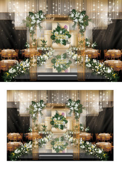 香槟色现代浪漫婚礼设计图绿色梦幻舞台