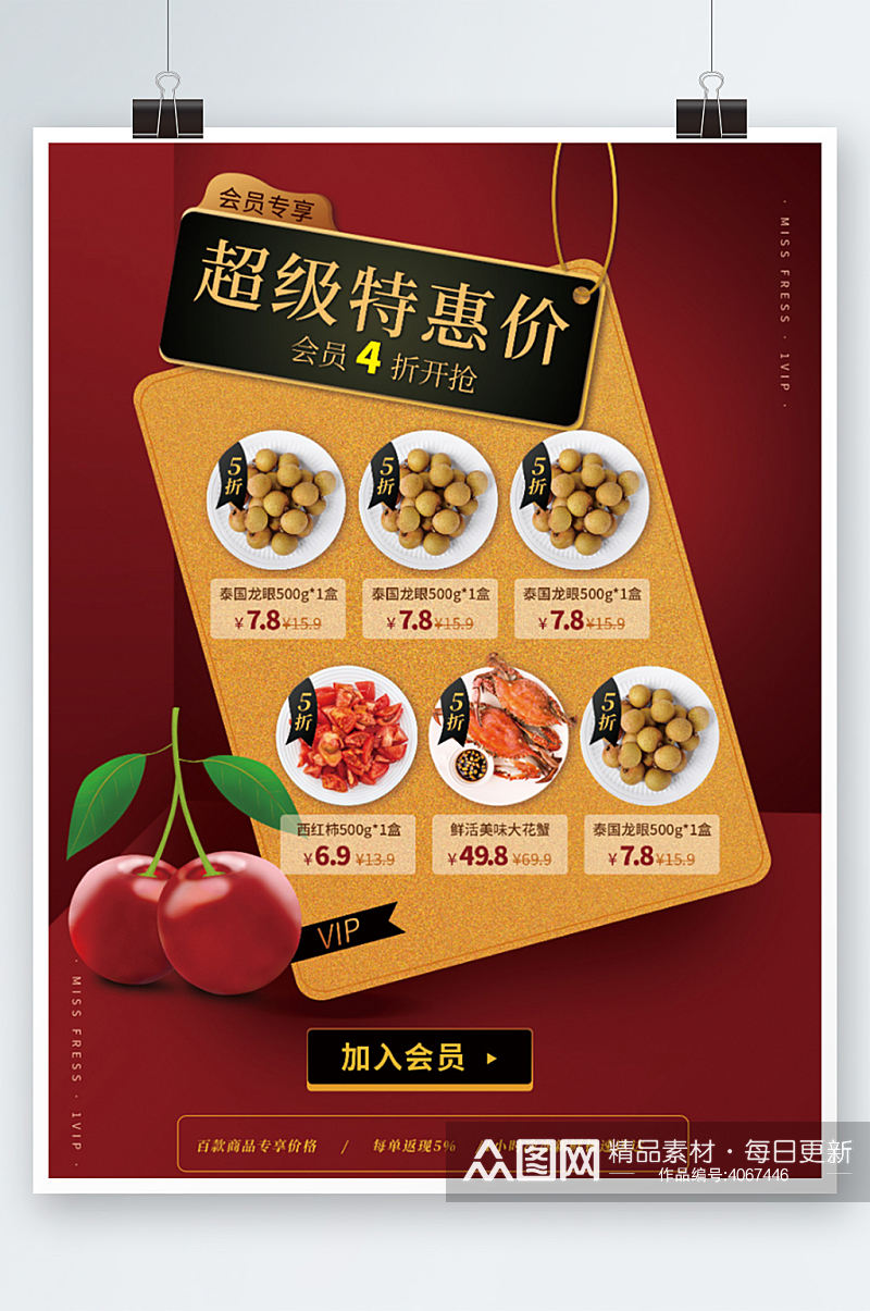 新鲜生鲜水果商超促销海报活动卡红色素材