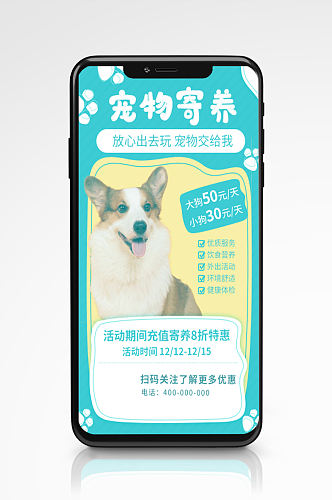 卡通可爱宠物寄养洗护手机海报绿色宠物店