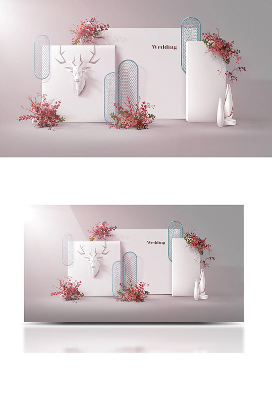 清新简约大气白粉红色装饰婚礼效果图背景板-众图网