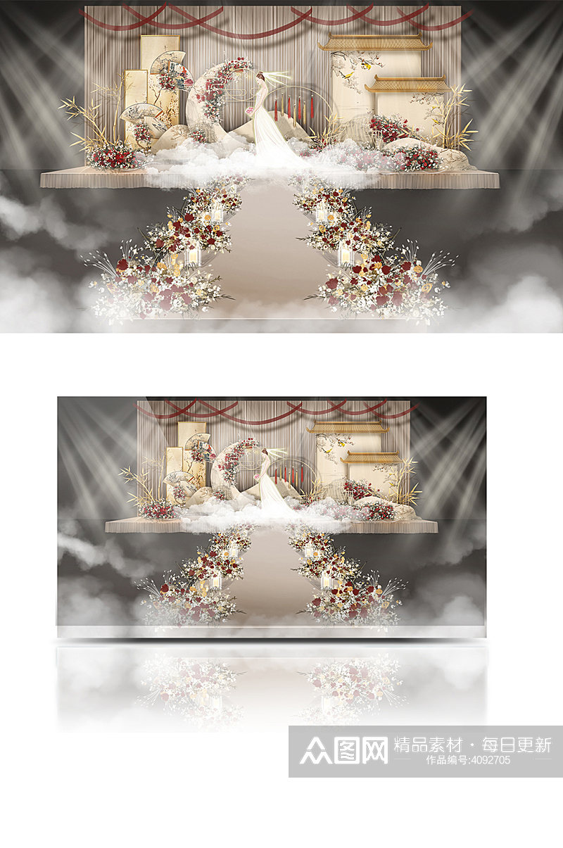 香槟色中式婚礼手绘效果图浪漫温馨大气素材