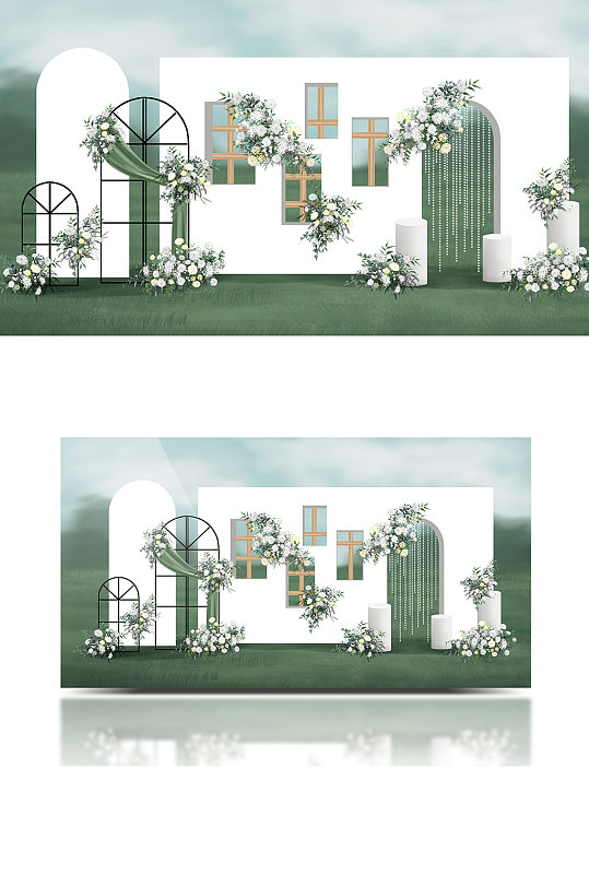 白绿小清新户外婚礼效果图迎宾区草坪-众图网