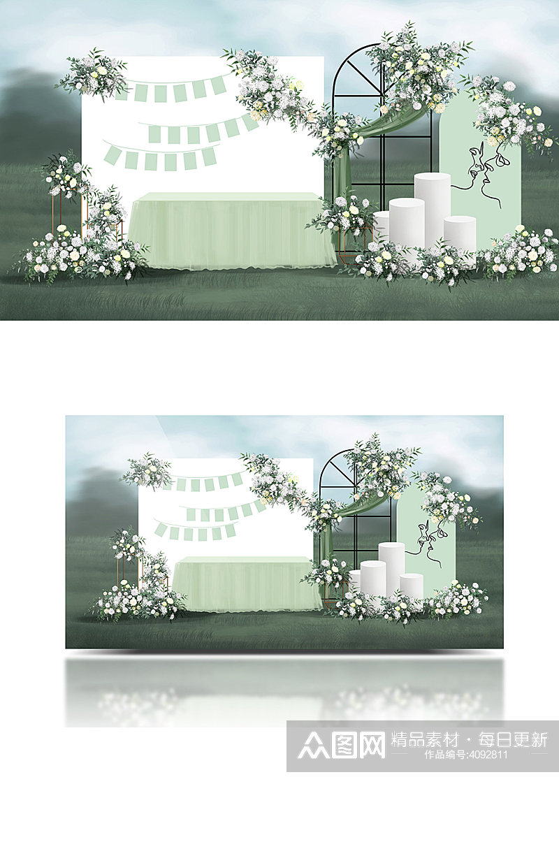 白绿小清新户外婚礼效果图迎宾区草坪浪漫素材