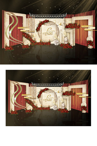 新中式婚礼效果图红色浪漫背景板合影区