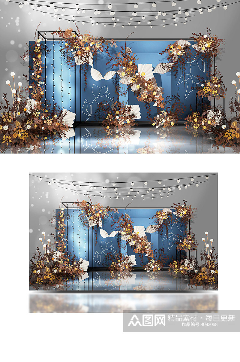 蓝咖撞色复古花艺灯串小众婚礼效果图背景素材