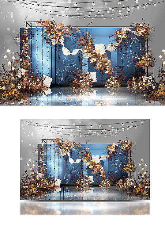 蓝咖撞色复古花艺灯串小众婚礼效果图背景