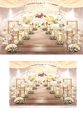 新中式梅花折扇造型婚礼舞台区效果图浪漫