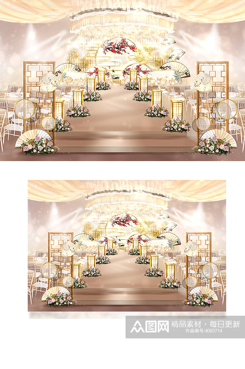 新中式梅花折扇造型婚礼舞台区效果图浪漫素材