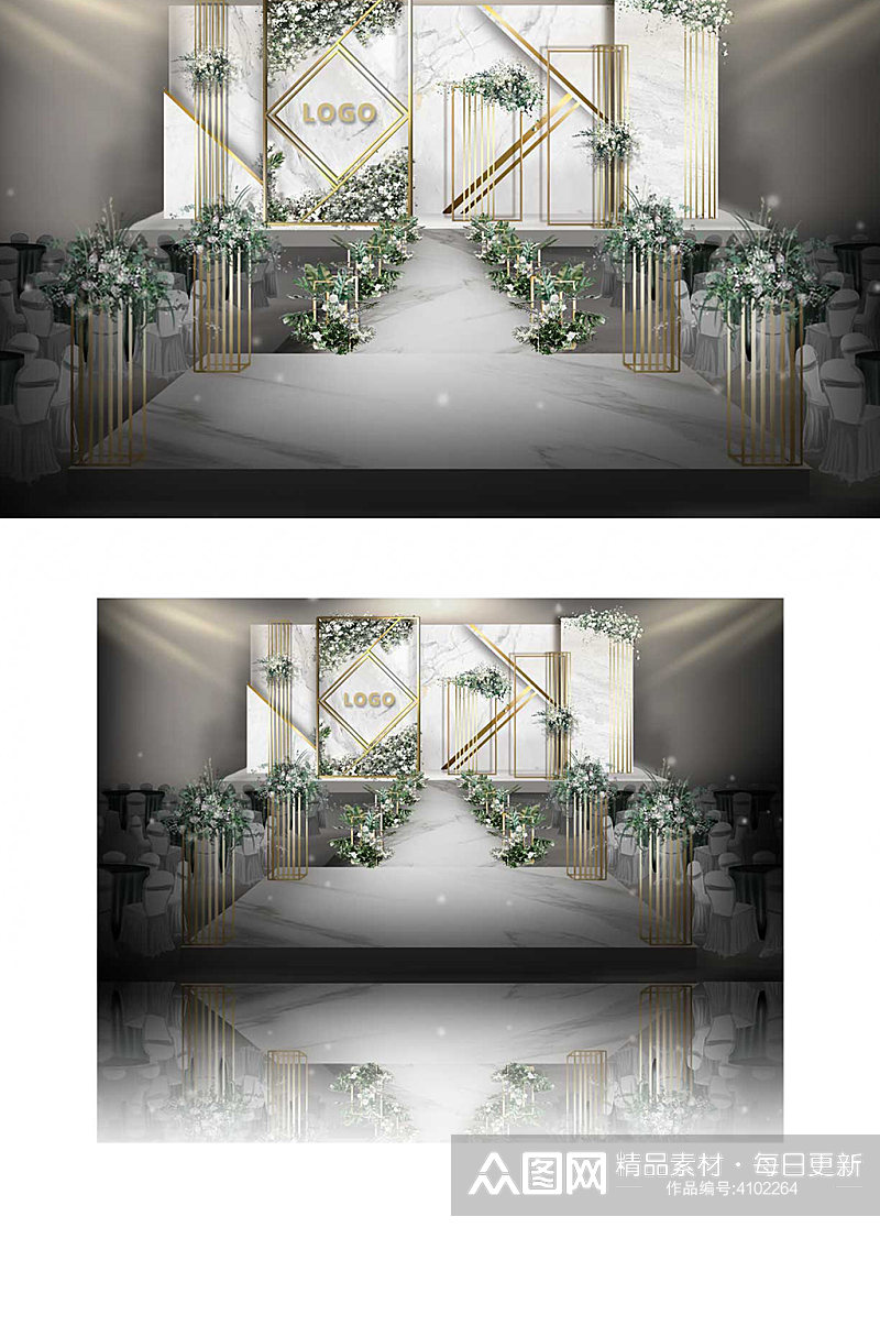 舞台浪漫温馨白绿大理石简洁婚礼效果图素材