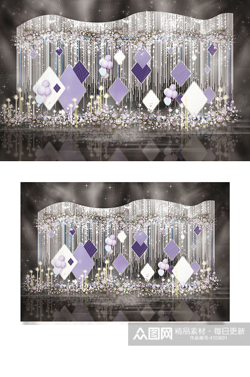 线条简约紫色大气婚礼迎宾工装效果图温馨素材