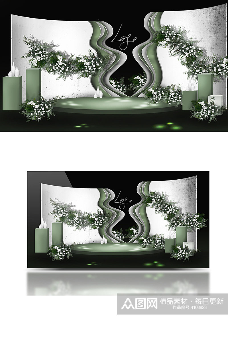 浪漫小清新白绿色婚礼效果图背景板素材