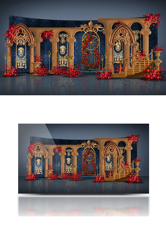 欧式蓝金迎宾婚礼效果图大气舞台温馨-众图网