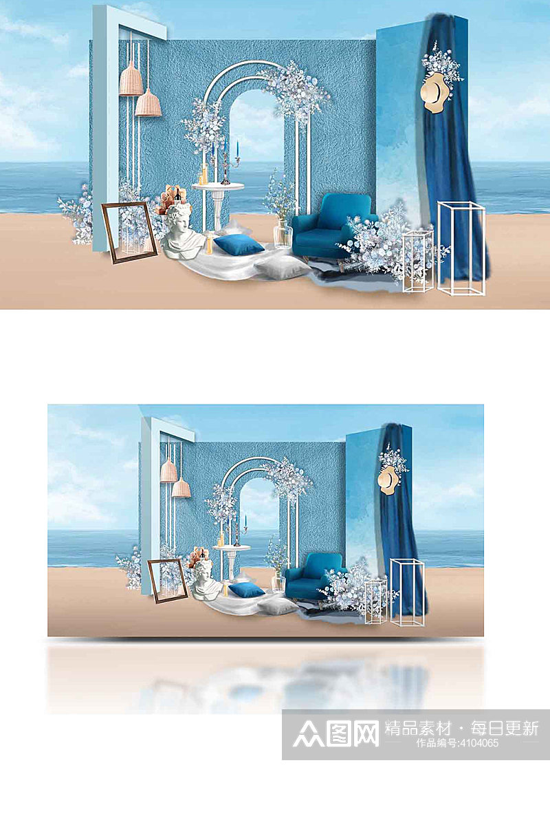 原创户外蓝色小清新婚礼海洋简约合影背景板素材