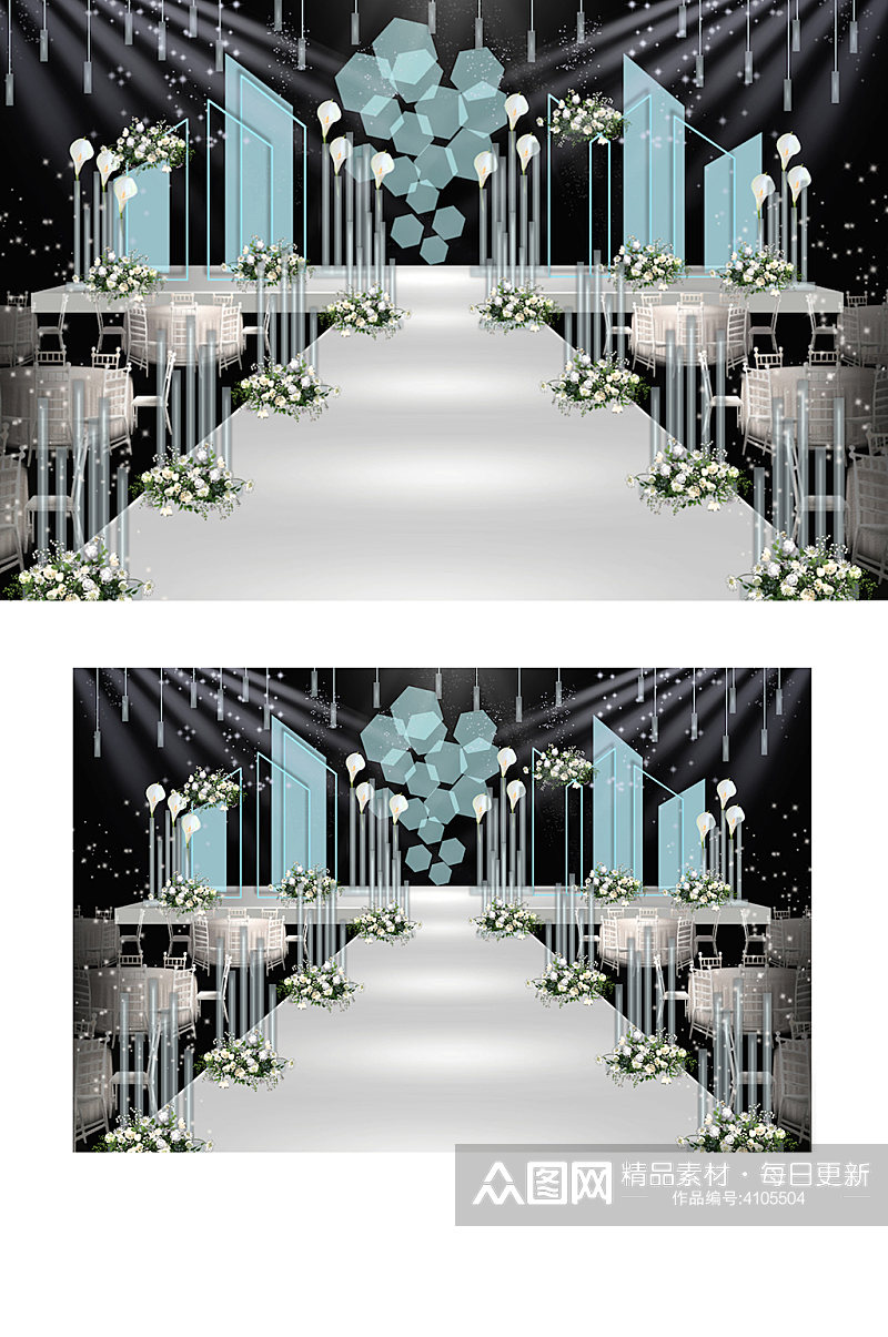 蓝白色系创意几何小清新婚礼舞台效果图浪漫素材